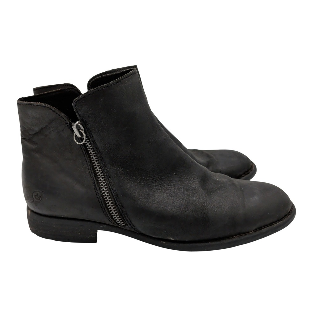 Born Lauryl Black Leather Ankle Booties Side Zip Round Toe Block Heel Women 9.5M